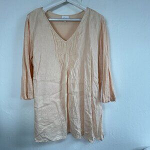 J.Jill Love Linen Womens Peach 3/4 Sleeve V-Neck Pintuck Tunic Top XL Casual